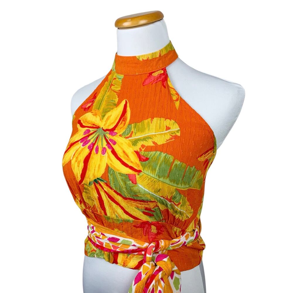 Haute Hippie Halter Neck Sleeveless Top Tropical Floral Tie Waist Women's S - Picture 2 of 7